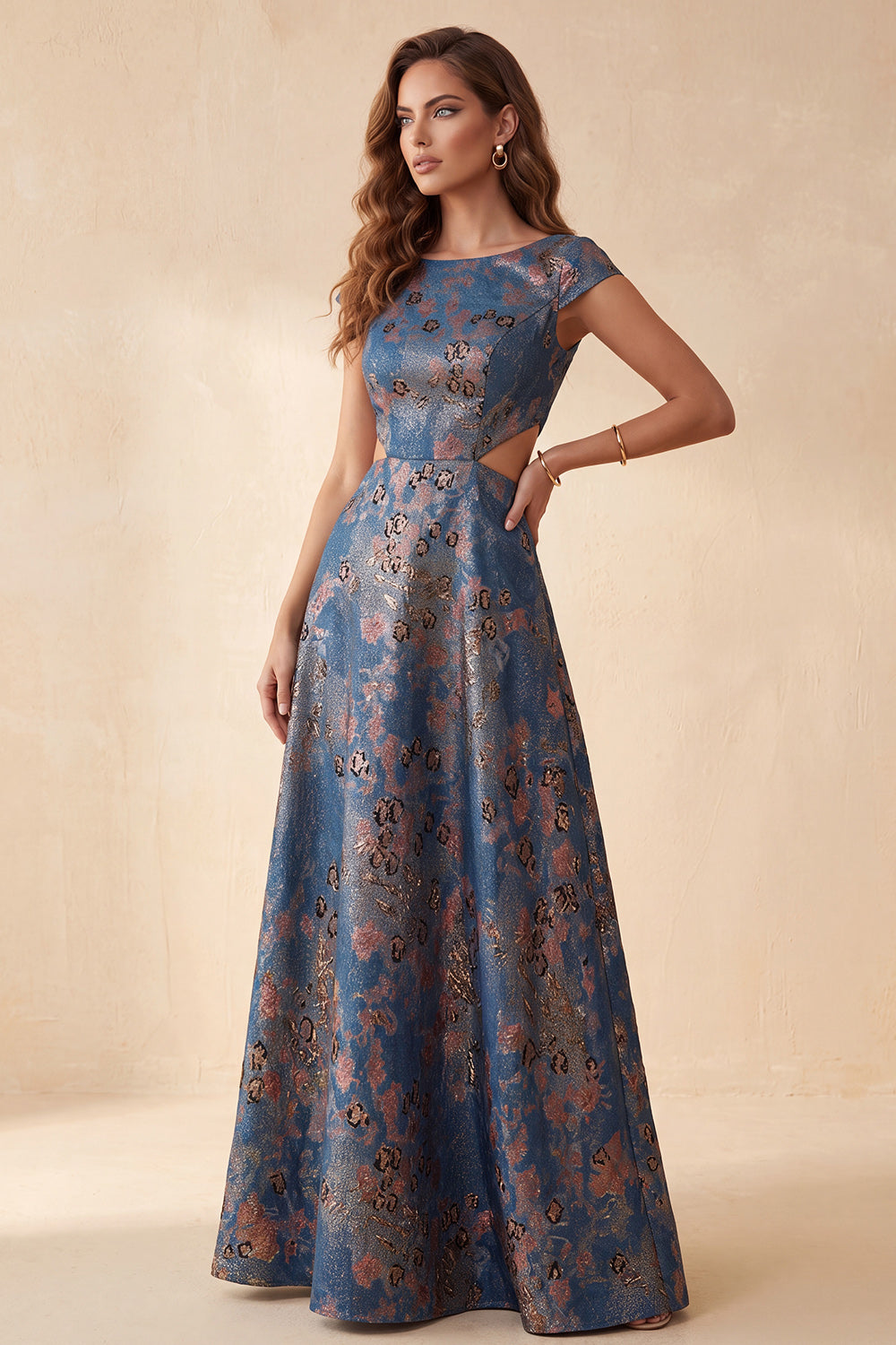 Floral Navy A-Line Boat Neck Cut Out Long Wedding Guest Dress