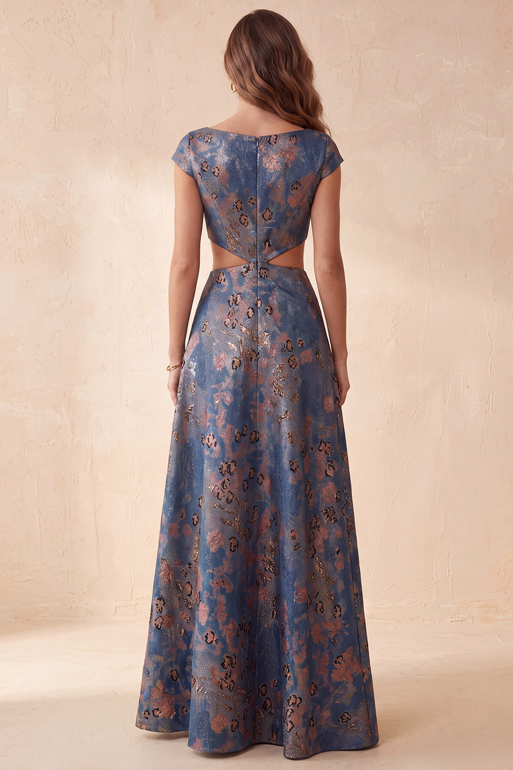 Floral Navy A-Line Boat Neck Cut Out Long Wedding Guest Dress