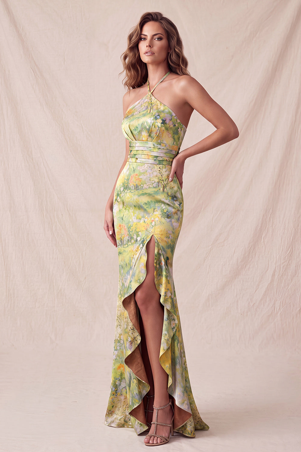 Floral Yellow Mermaid Ruffled Halter Long Wedding Guest Dress with Slit