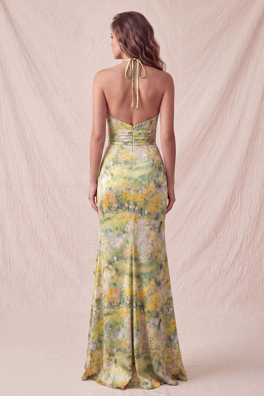 Floral Yellow Mermaid Ruffled Halter Long Wedding Guest Dress with Slit