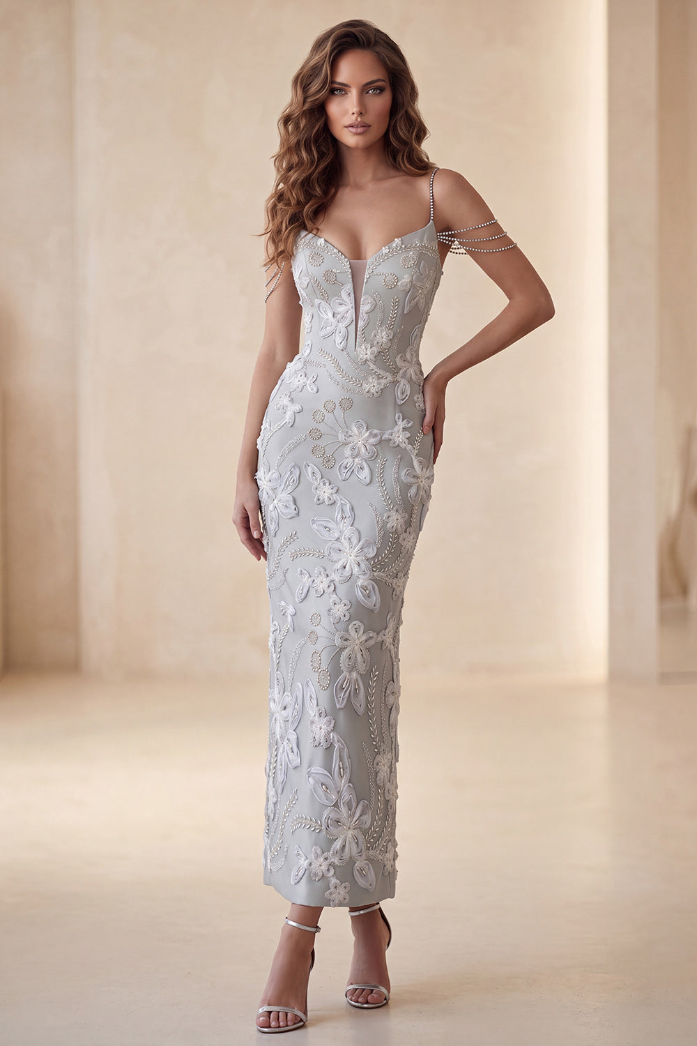 Floral Sparkly Light Grey Beaded Sheath Long Evening Dress