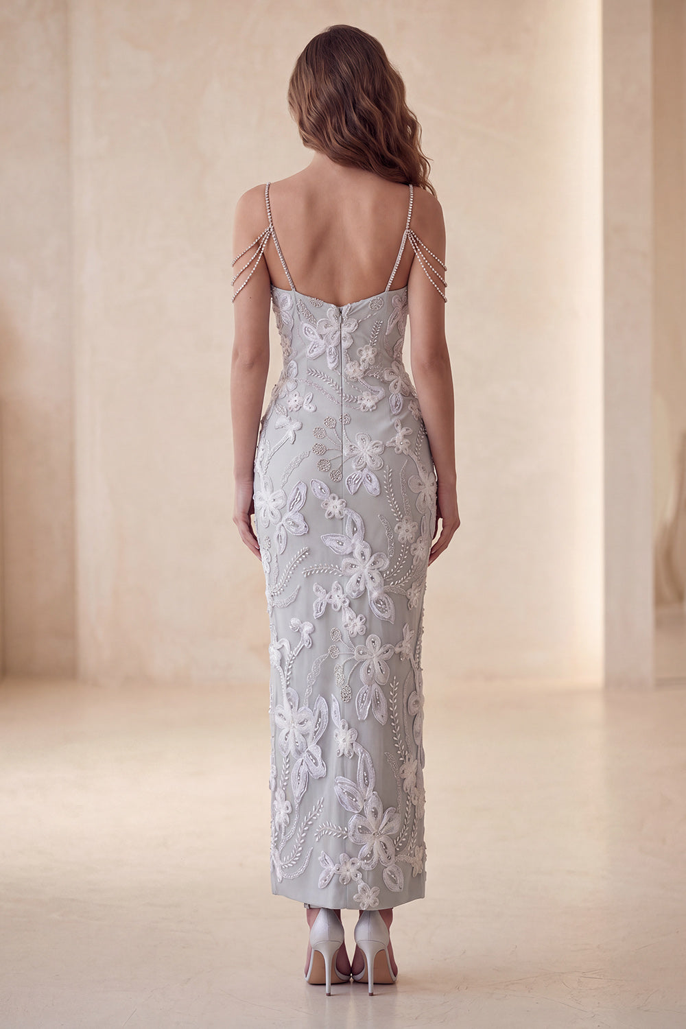 Floral Sparkly Light Grey Beaded Sheath Long Evening Dress