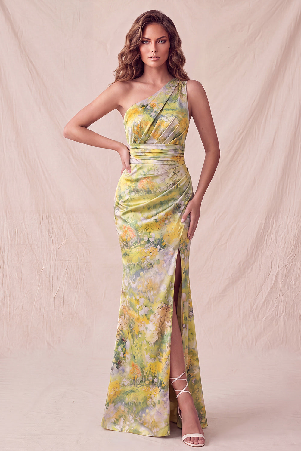 Yellow Floral Mermaid One Shoulder Ruched Long Wedding Guest Dress with Slit