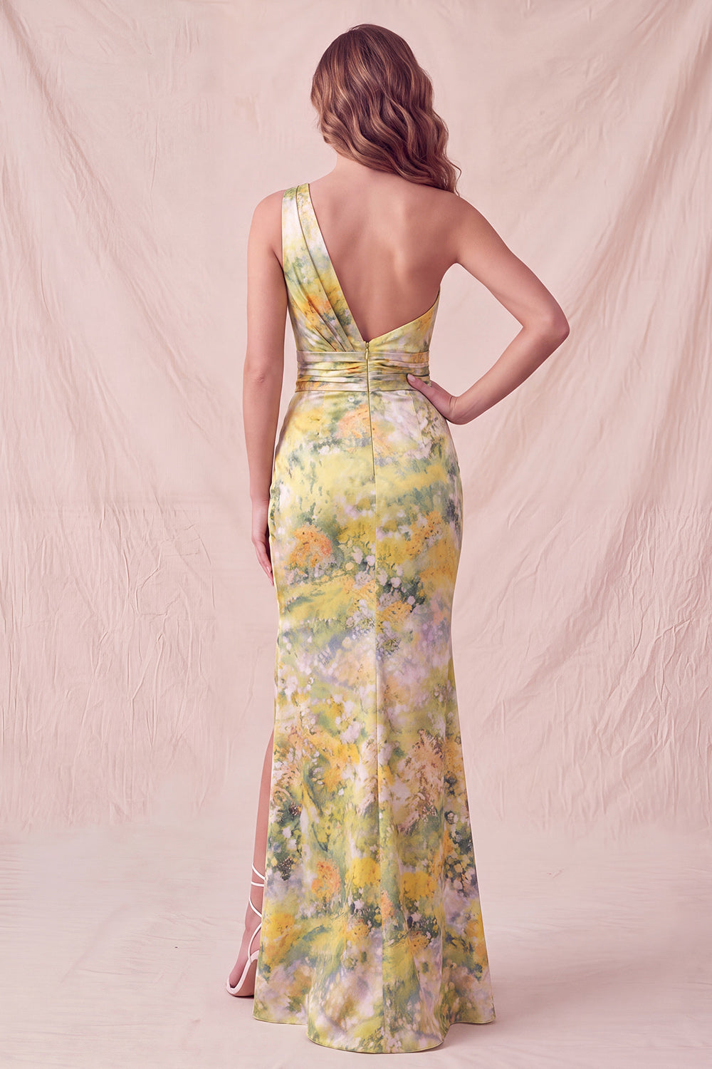 Yellow Floral Mermaid One Shoulder Ruched Long Wedding Guest Dress with Slit
