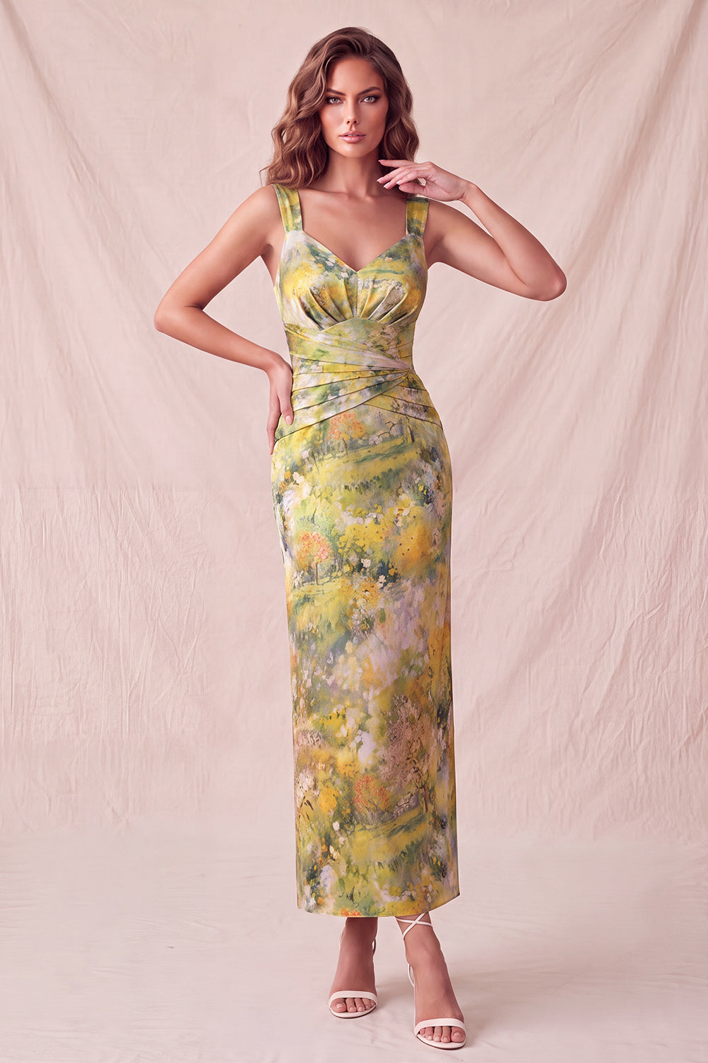 Yellow Floral Sheath Ruched Long Wedding Guest Dress