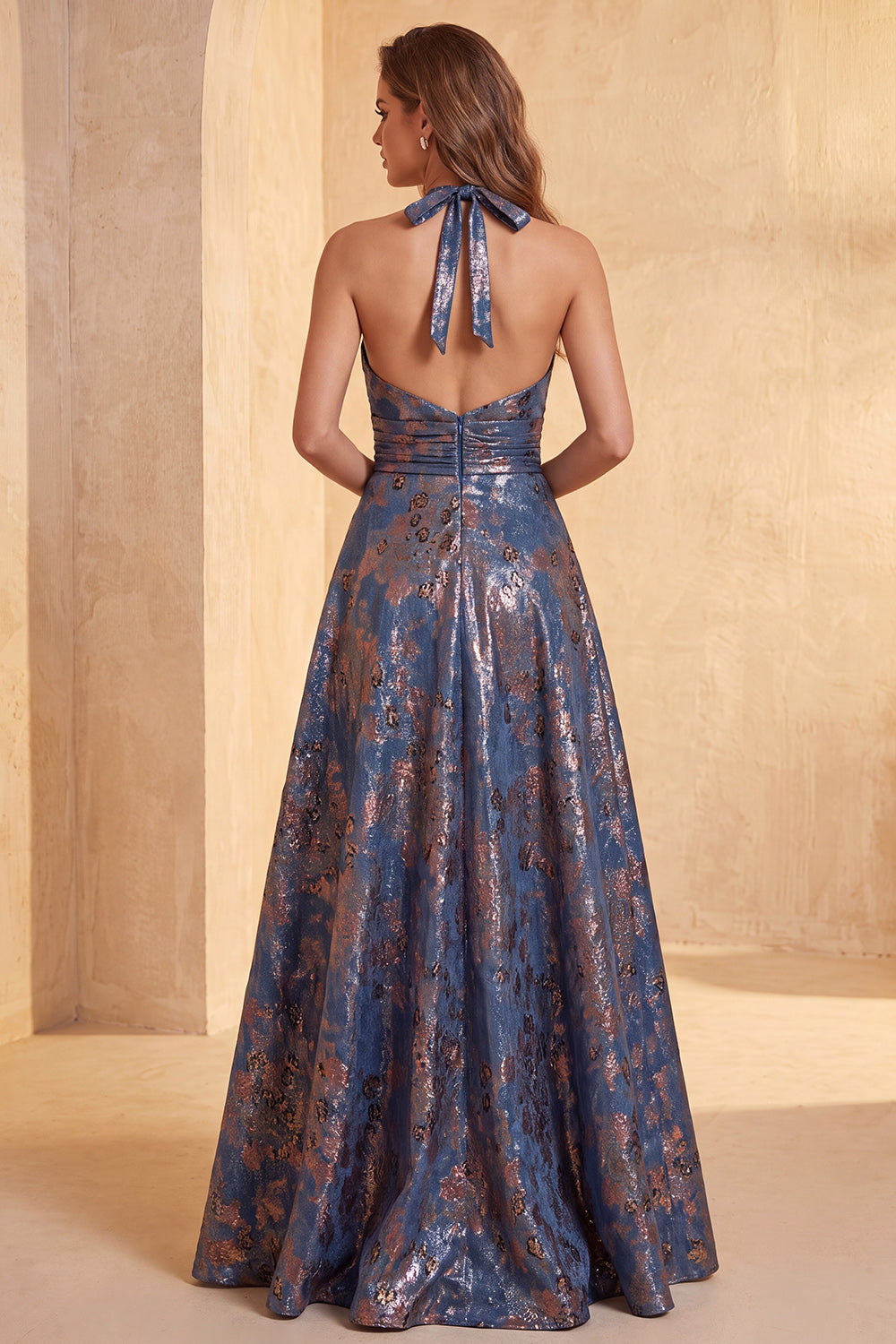 Navy Floral A-Line Halter Long Wedding Guest Dress with Bow