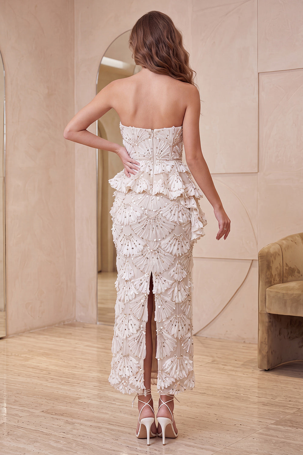 Apricot Sparkly Sequin Ruffled Long Evening Dress with Back Slit