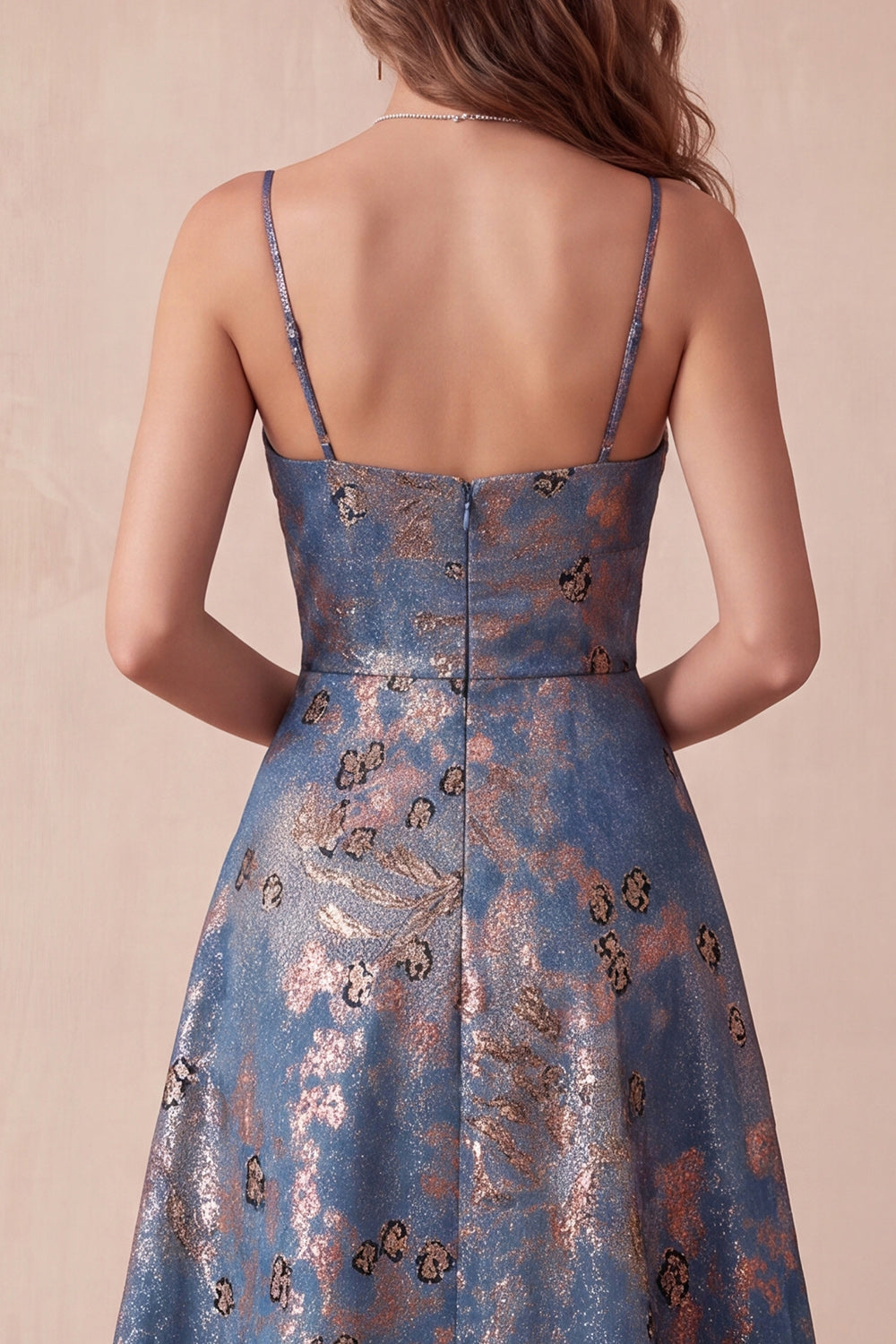 Navy Floral Spaghetti Straps A-Line Long Wedding Guest Dress