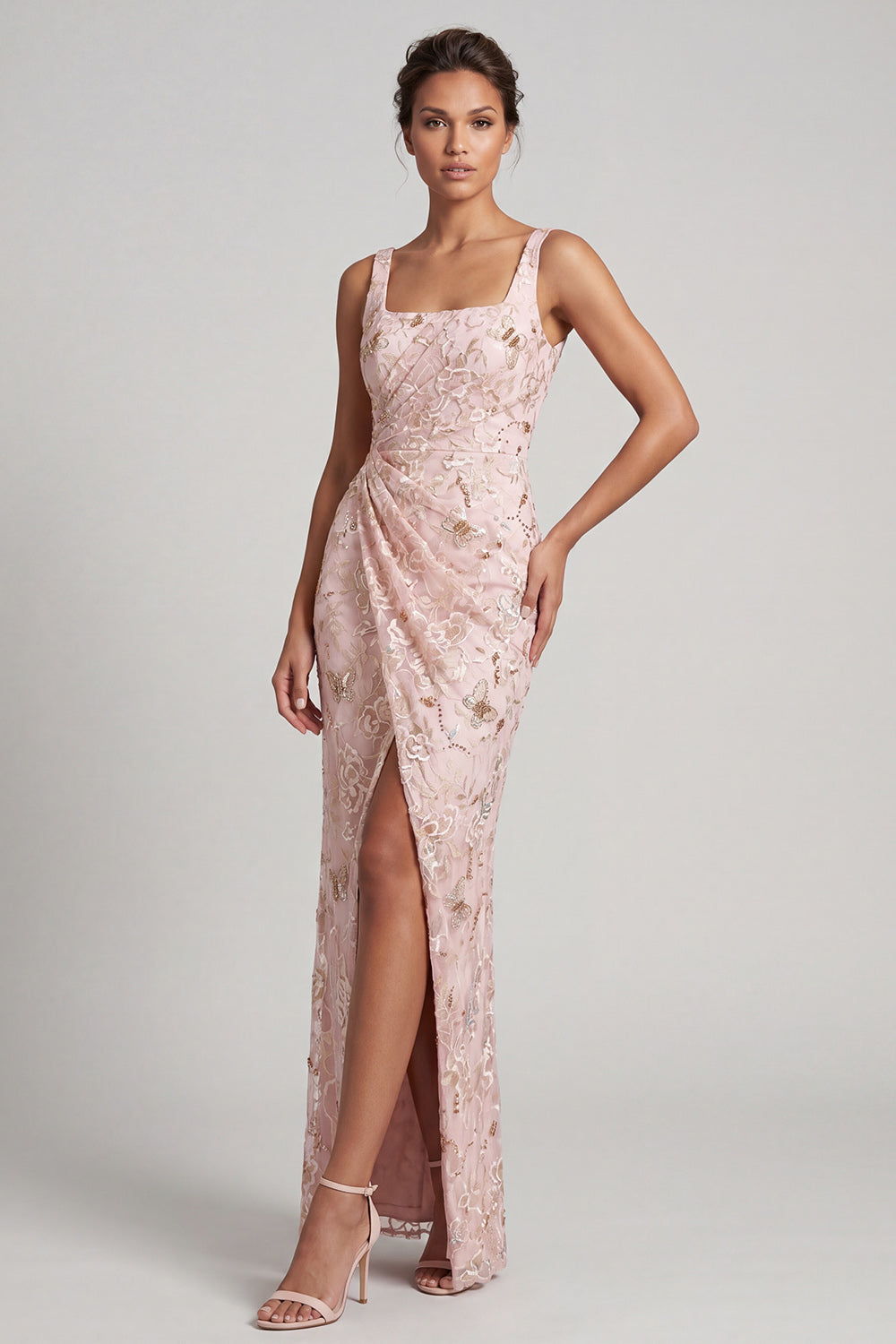 Floral Mermaid Sparkly Yellow Sequins Long Evening Dress with Slit