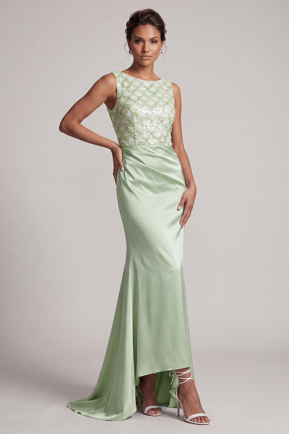 Sparkly Light Green Ruched Mermaid Long Evening Dress