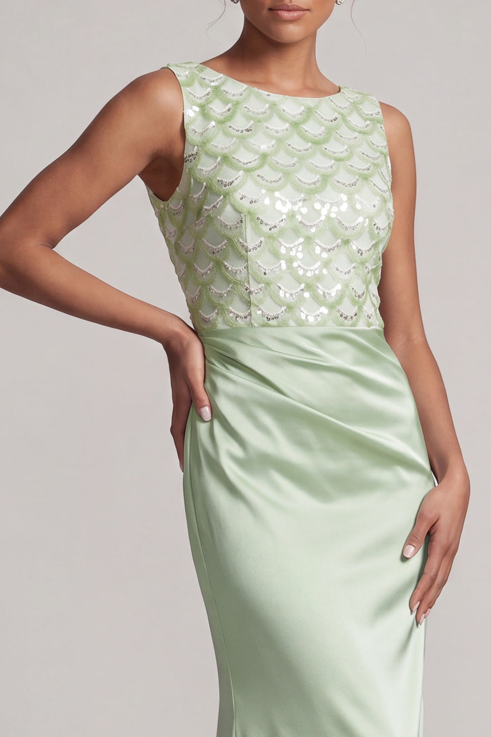 Sparkly Light Green Ruched Mermaid Long Evening Dress