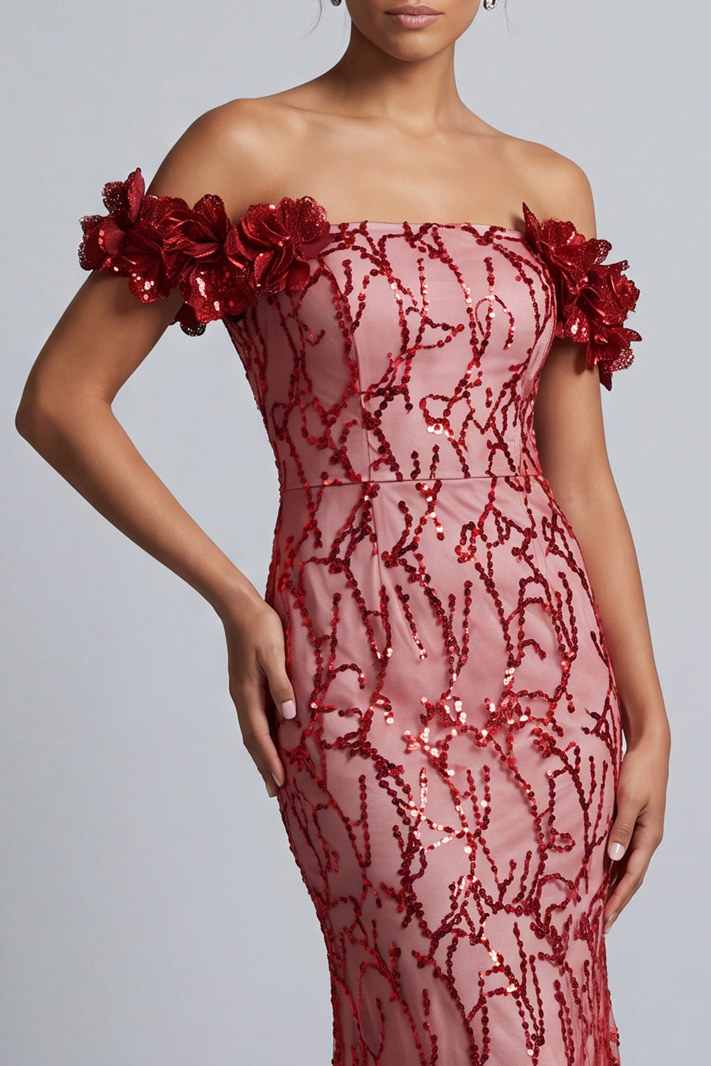 Sparkly Red Sequin Mermaid Long Formal Dress with 3D Flowers