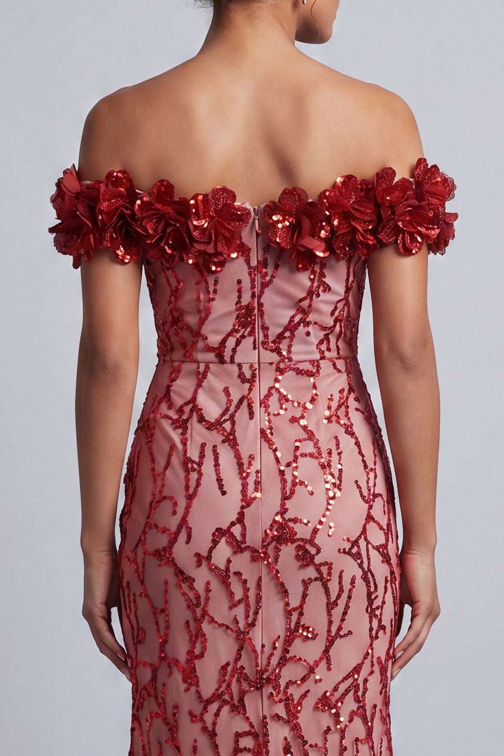Sparkly Red Sequin Mermaid Long Formal Dress with 3D Flowers