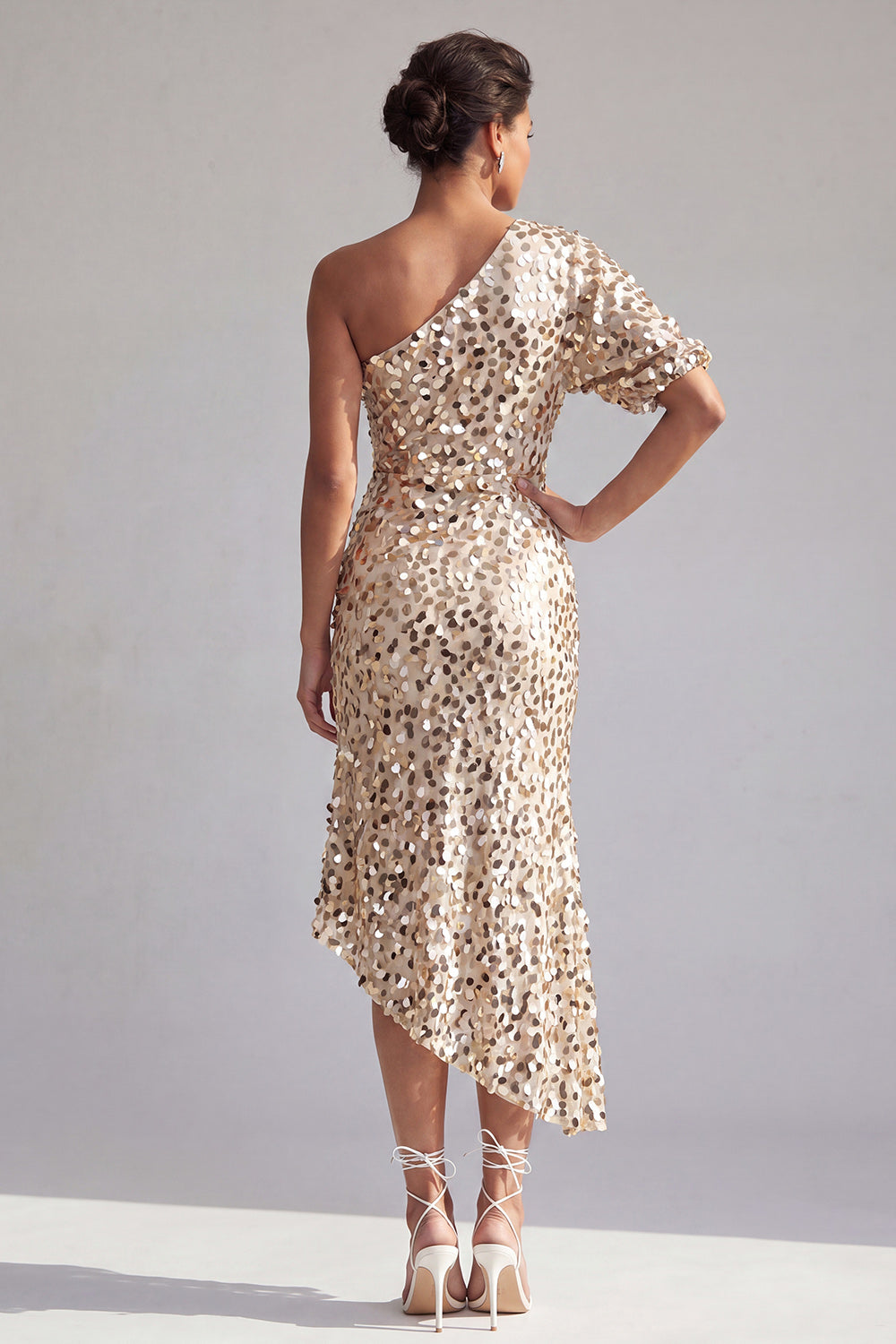 Champagne Sparkly Sequin Mermaid Asymmetrical Formal Dress with Sleeve