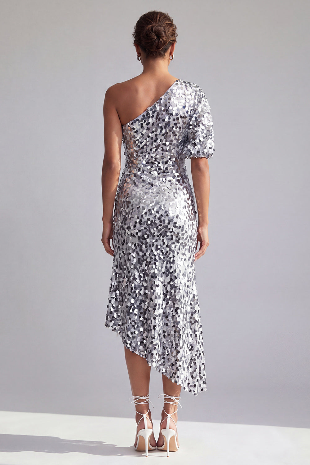 Champagne Sparkly Sequin Mermaid Asymmetrical Formal Dress with Sleeve