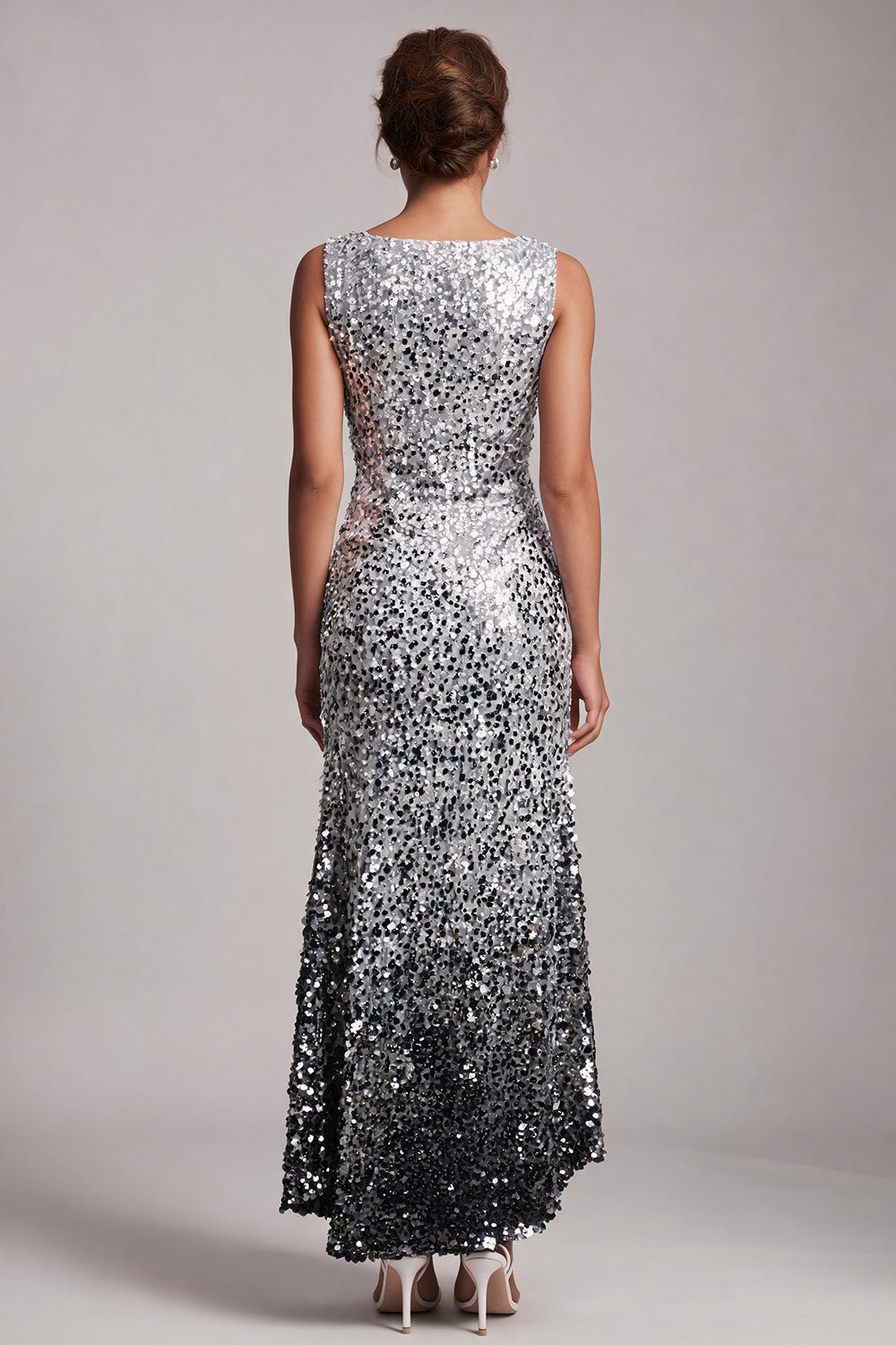 Sparkly Silver Sequin Boat Neck Long Formal Dress