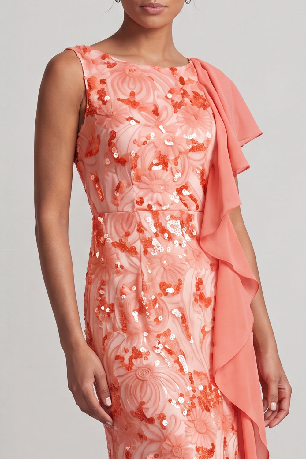Sparkly Floral Champagne Sequin Mermaid Ruffled Long Formal Dress