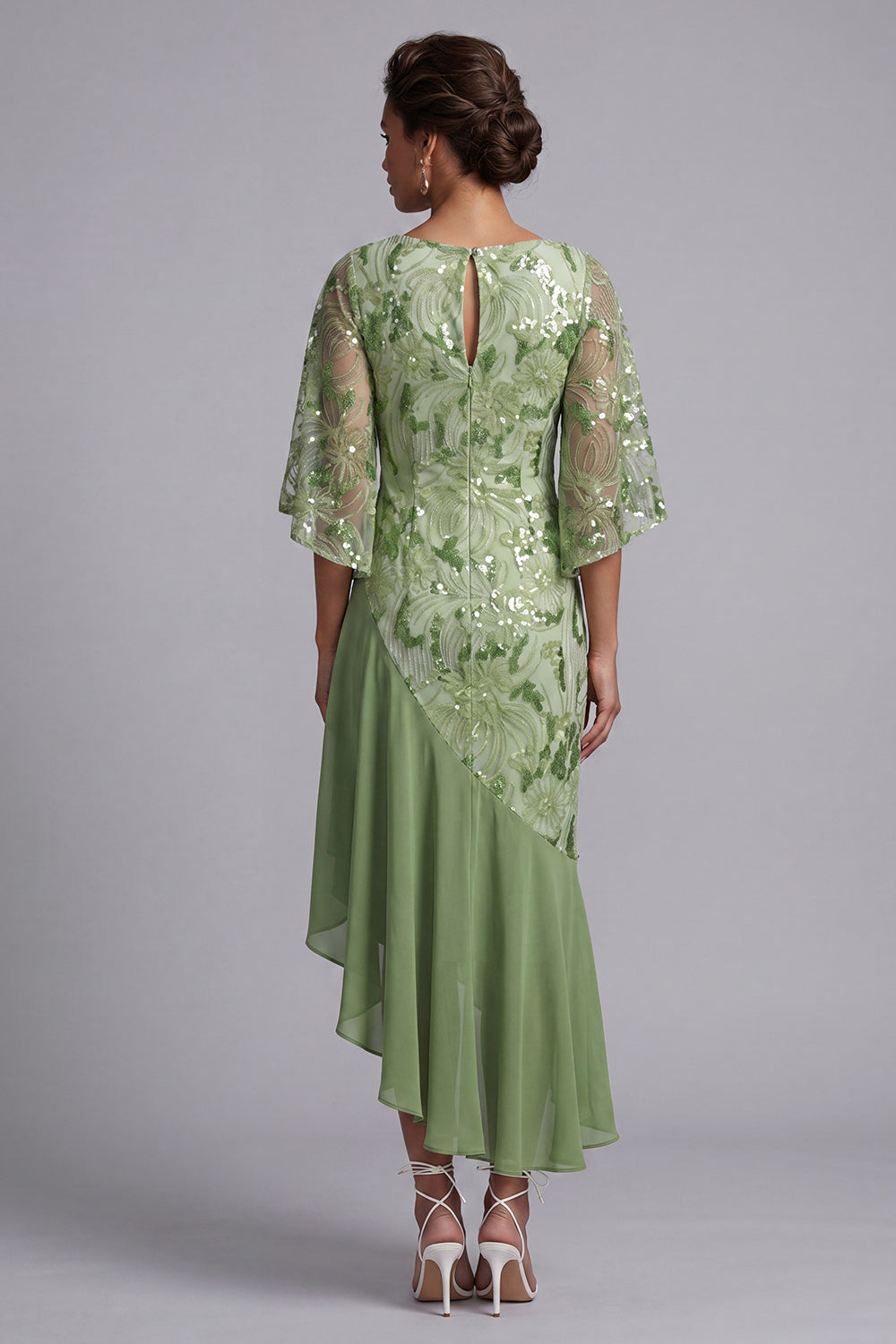 Green Floral Sparkly Sequin Mermaid Asymmetrical Formal Dress