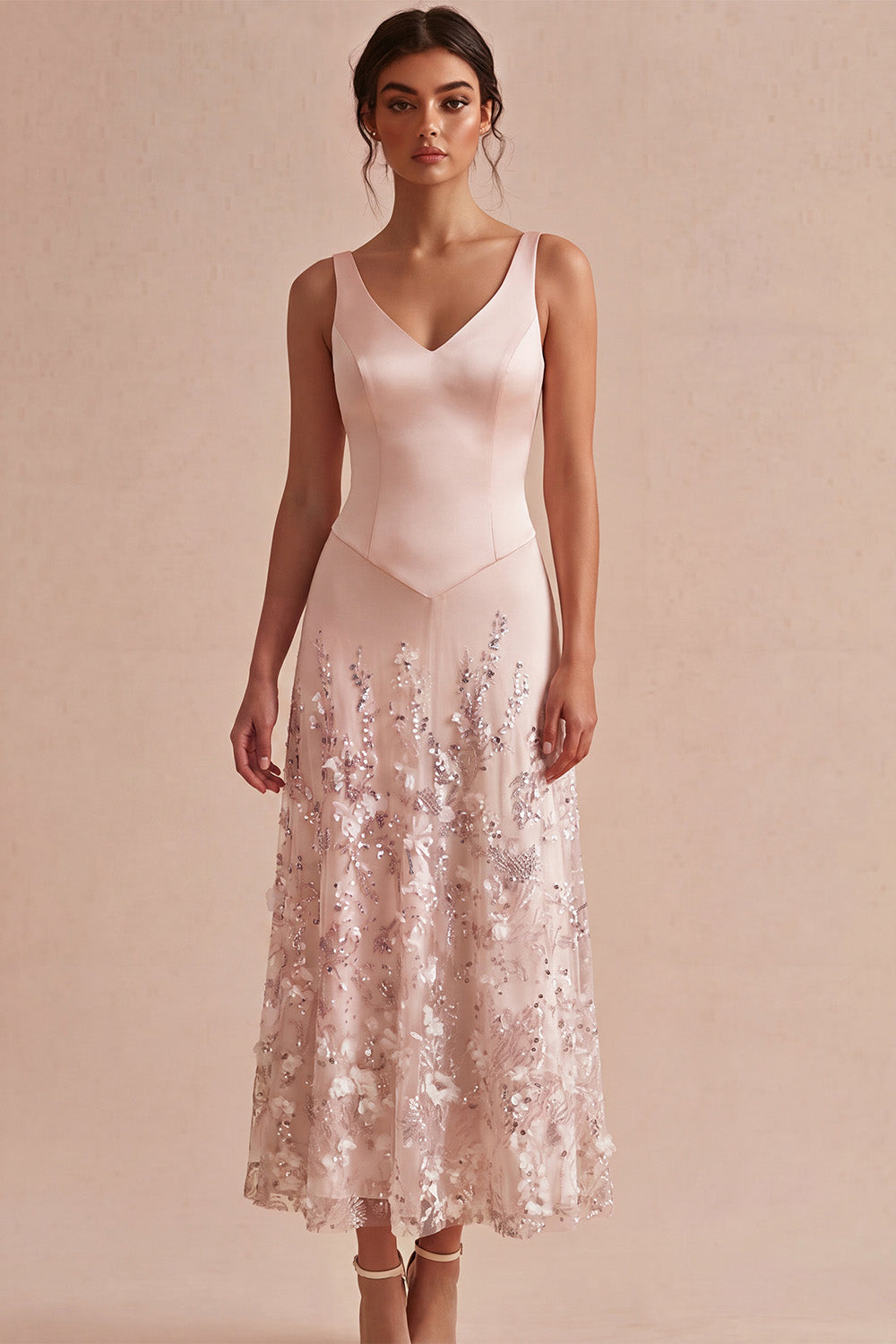Sparkly Floral Pink Beaded A Line Maxi Wedding Guest Dress