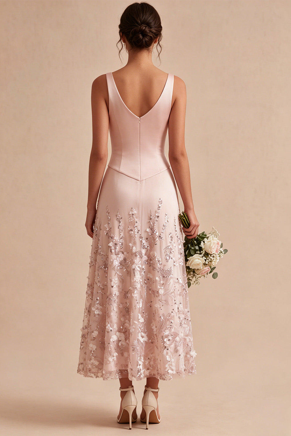 Sparkly Floral Pink Beaded A Line Maxi Wedding Guest Dress