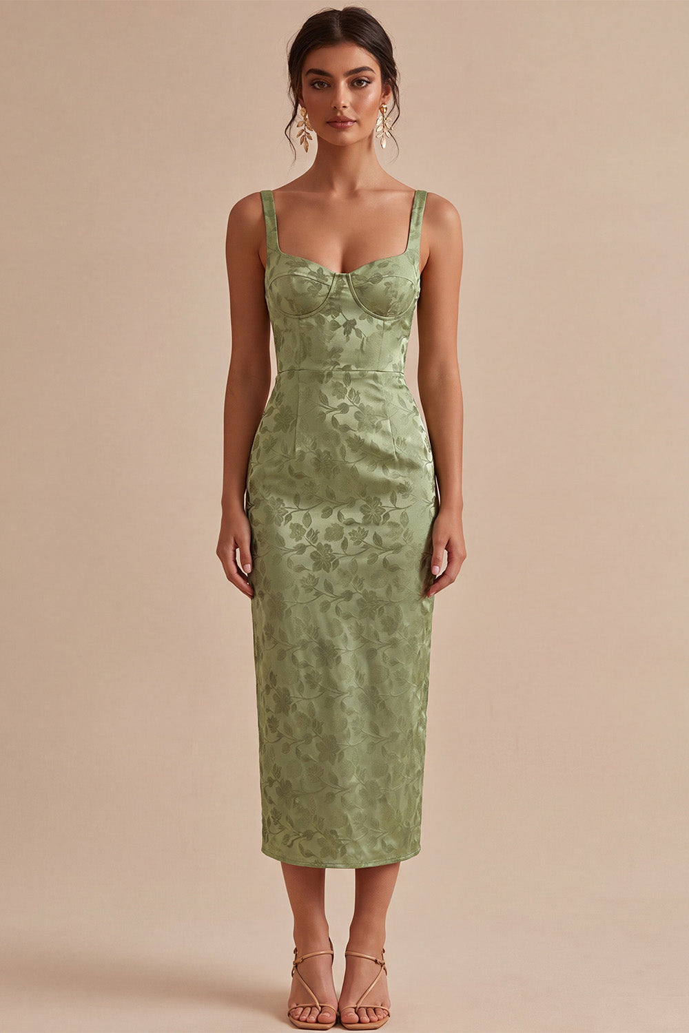 Floral Light Green Sheath Maxi Wedding Guest Dress with Back Slit