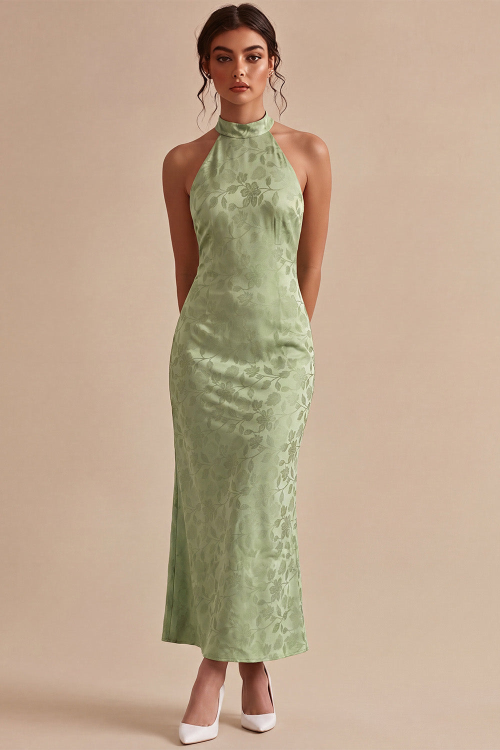 Floral Light Green Backless Mermaid Long Wedding Guest Dress