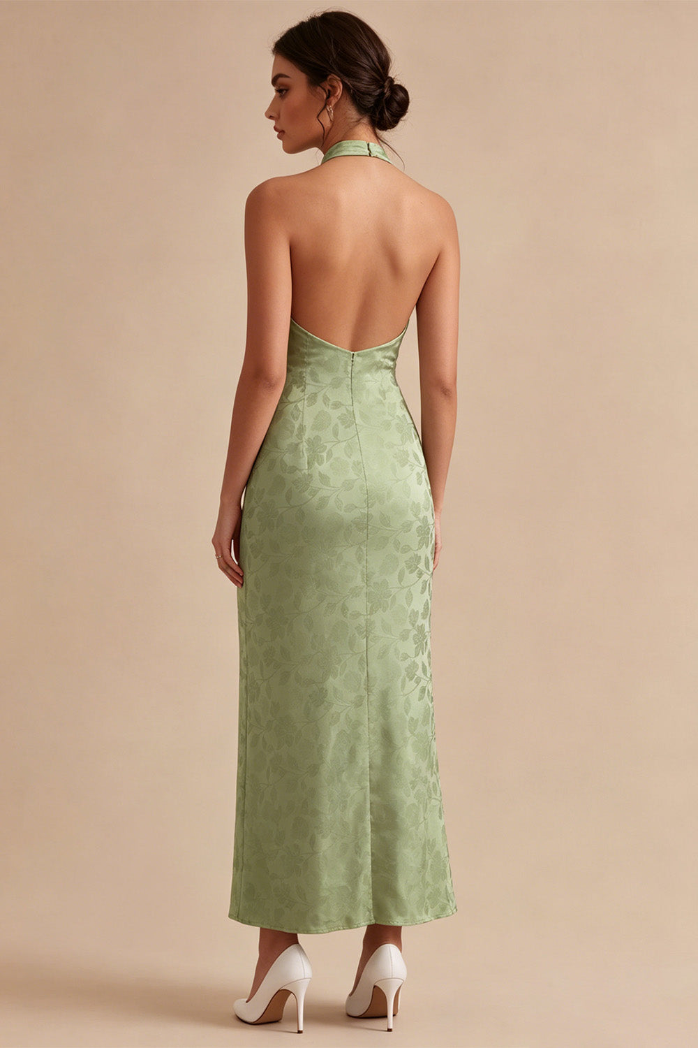 Floral Light Green Backless Mermaid Long Wedding Guest Dress