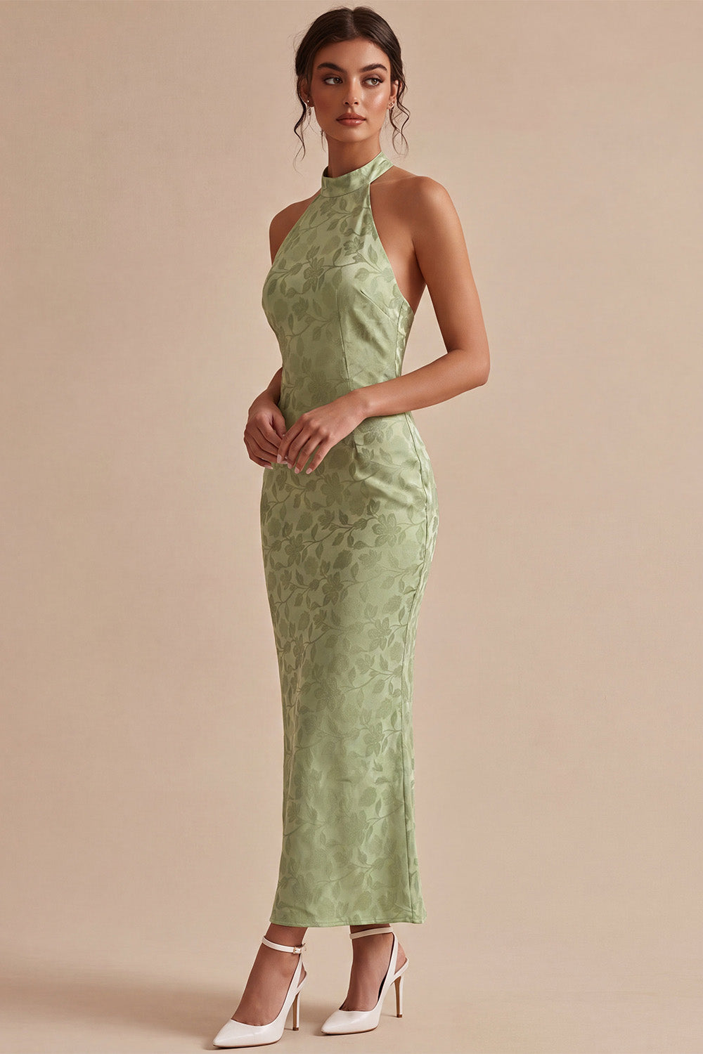 Floral Light Green Backless Mermaid Long Wedding Guest Dress
