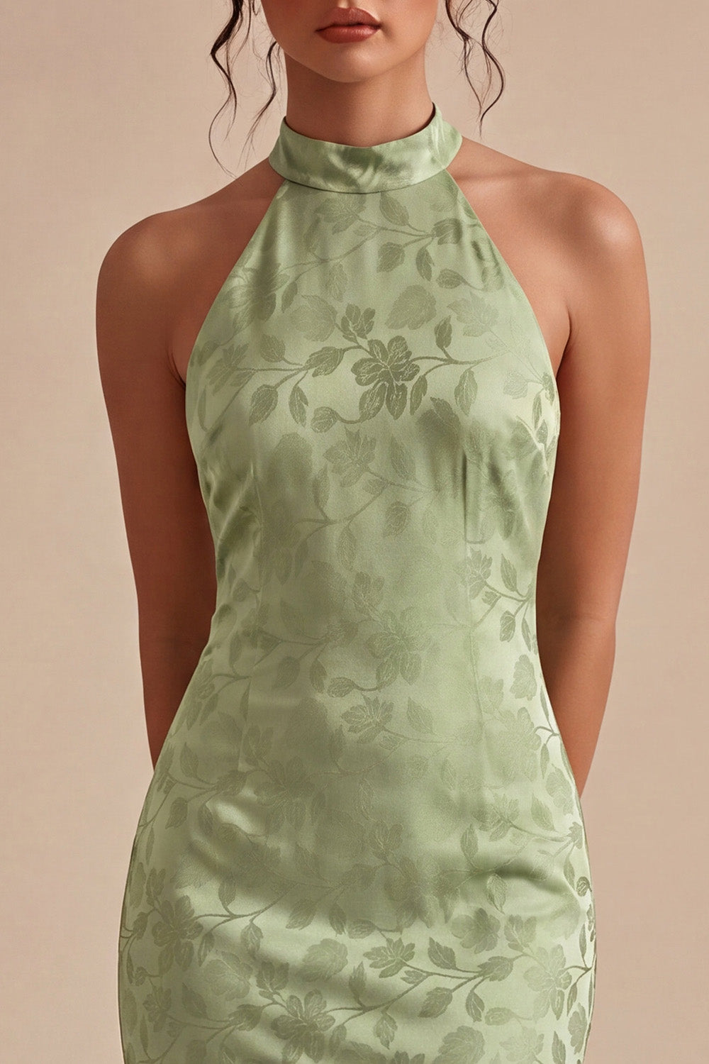 Floral Light Green Backless Mermaid Long Wedding Guest Dress