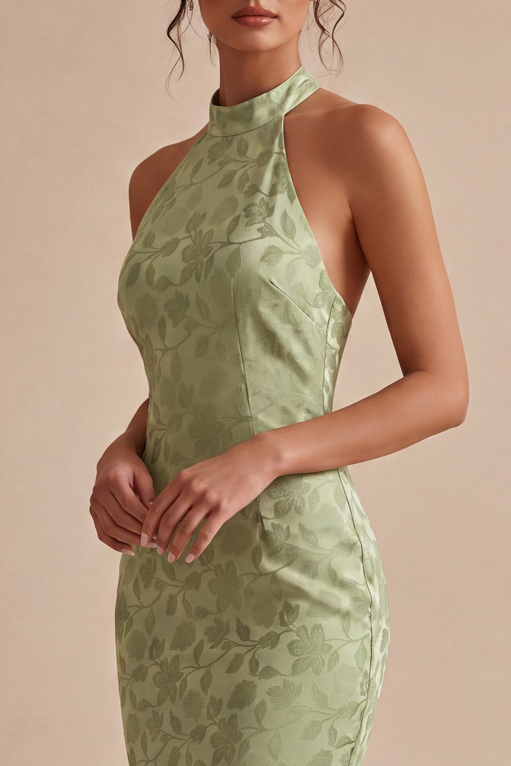 Floral Light Green Backless Mermaid Long Wedding Guest Dress