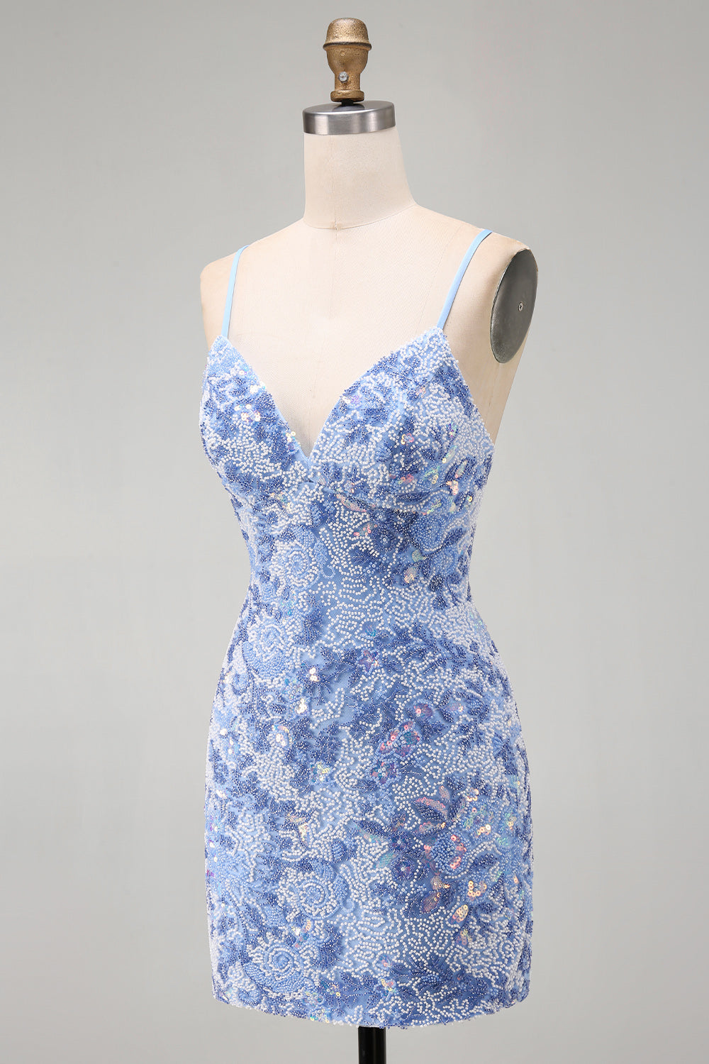Sparkly Blue Beaded Spaghetti Straps Short Tight Cocktail Dress