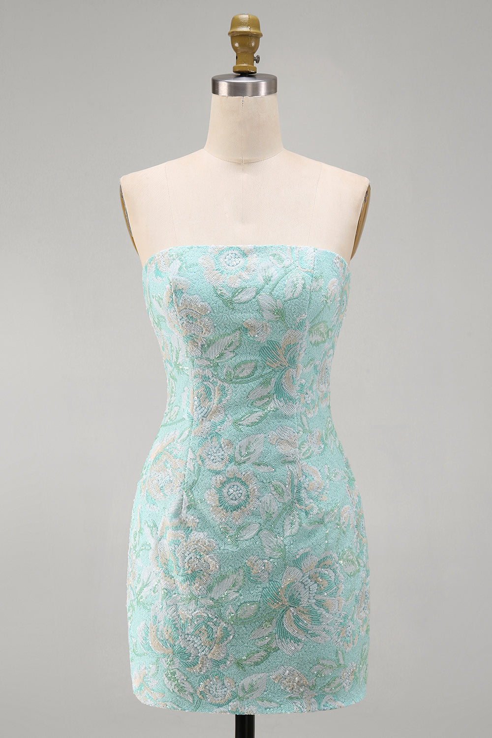 Floral Mint Strapless Beaded Tight Short Cocktail Dress