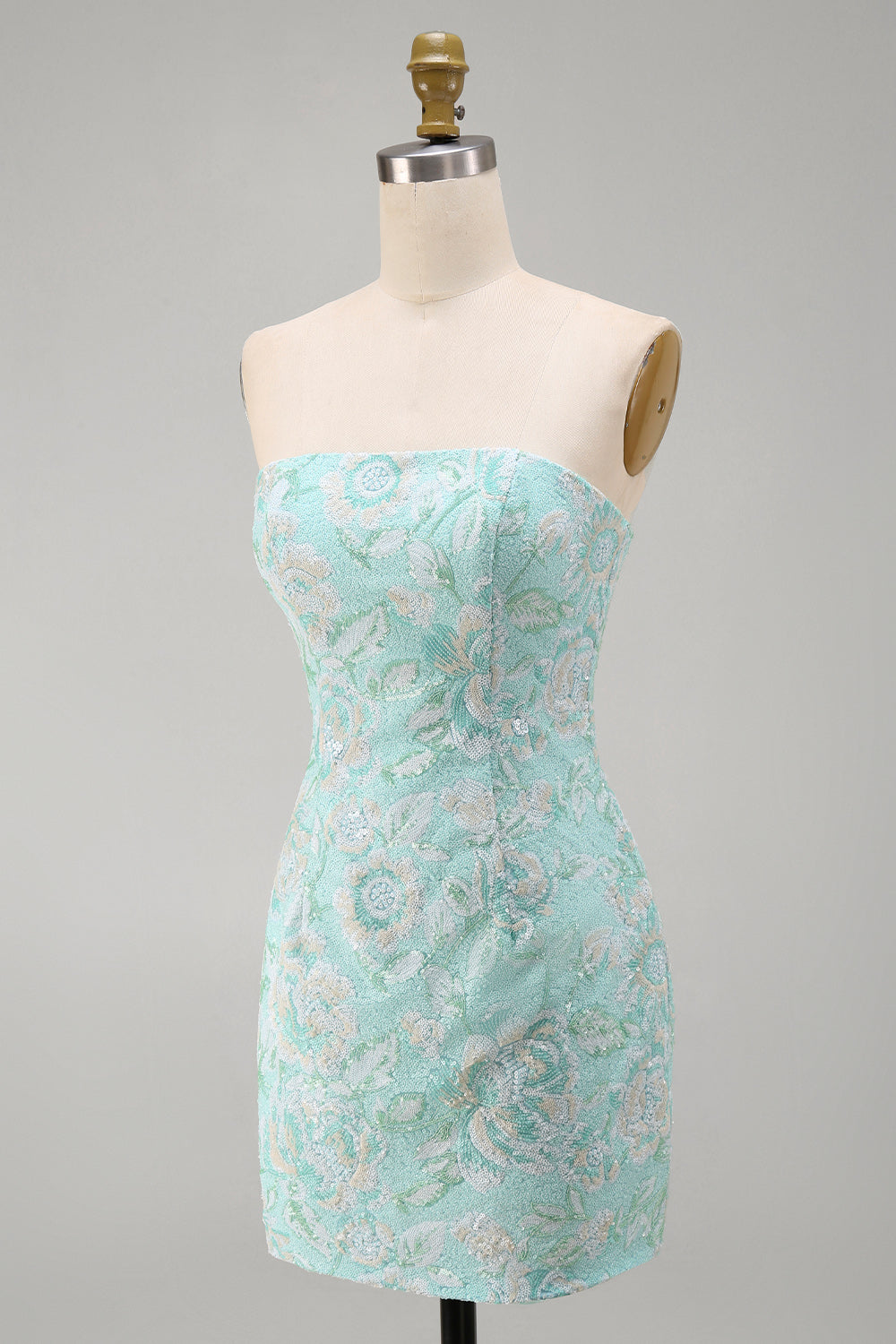 Floral Mint Strapless Beaded Tight Short Cocktail Dress