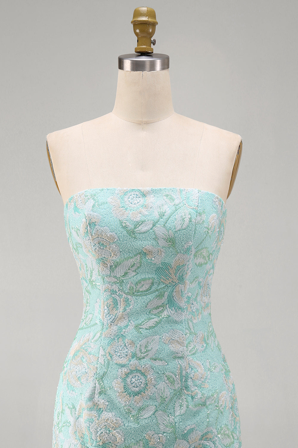 Floral Mint Strapless Beaded Tight Short Cocktail Dress