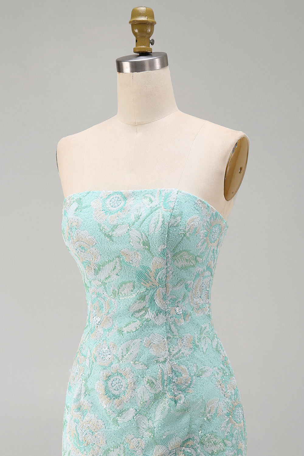 Floral Mint Strapless Beaded Tight Short Cocktail Dress