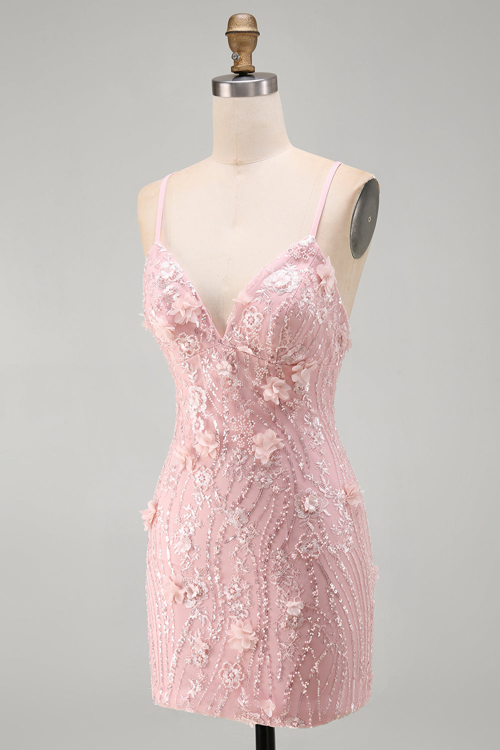 Sparkly Pink Short Tight V-Neck Beaded Cocktail Dress with 3D Flowers