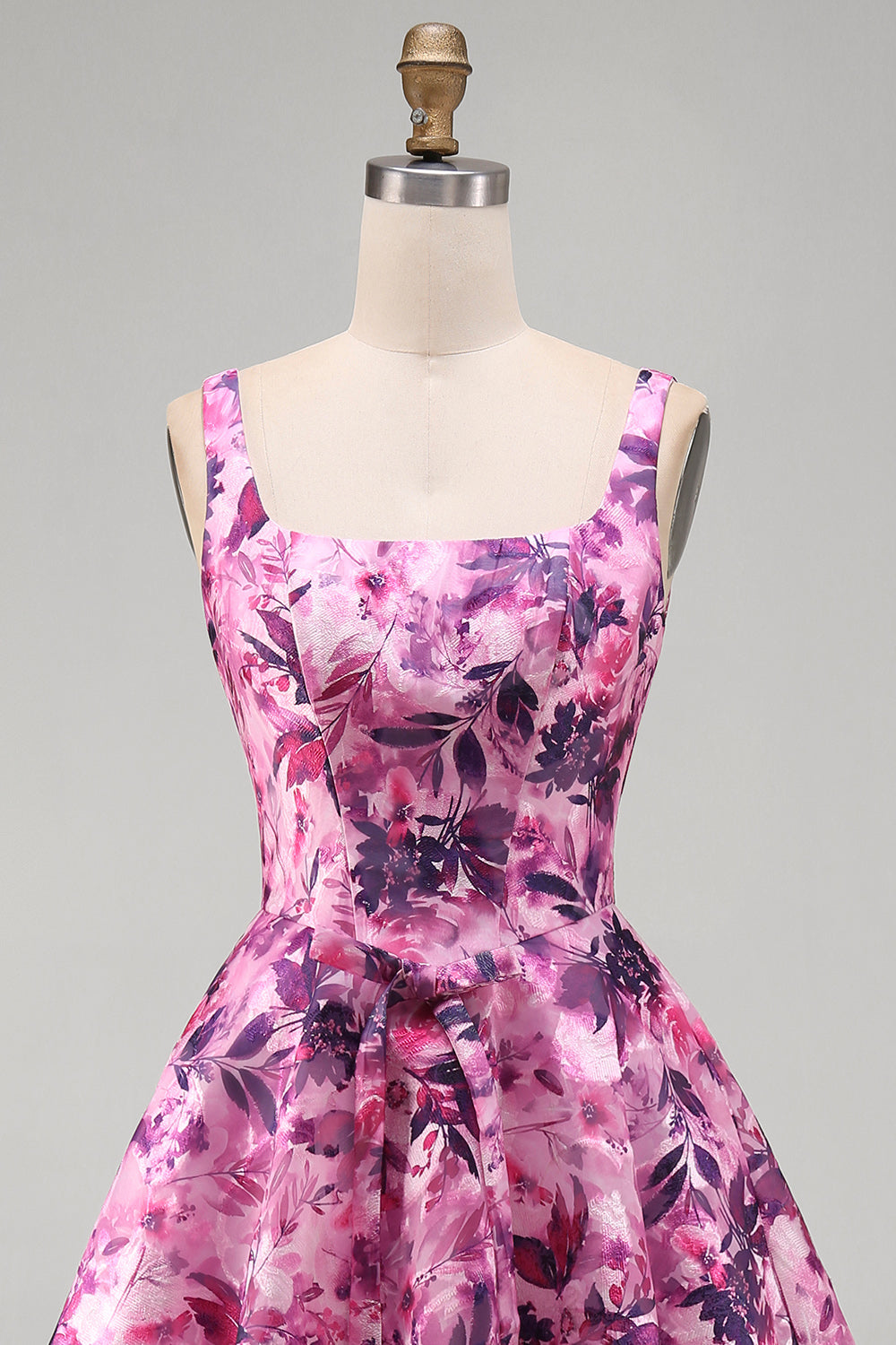 Floral Fuchsia Square Neck Printed A-Line Short Cocktail Dress with Bow