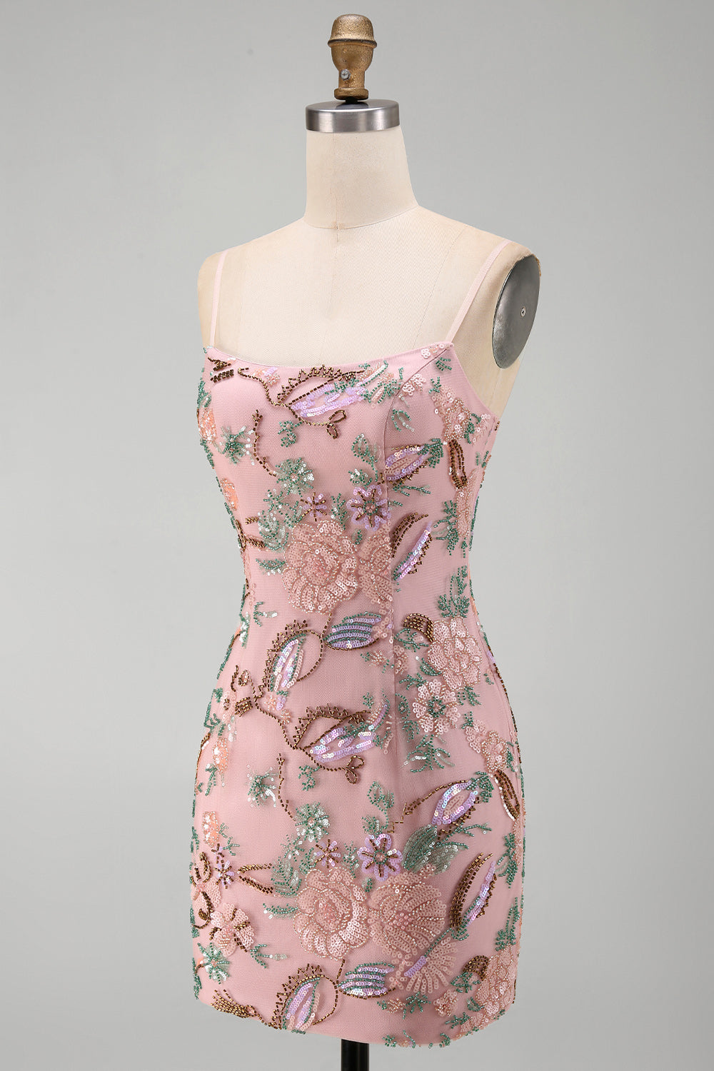 Sparkly Pink Floral Beaded Sequin Short Tight Cocktail Dress