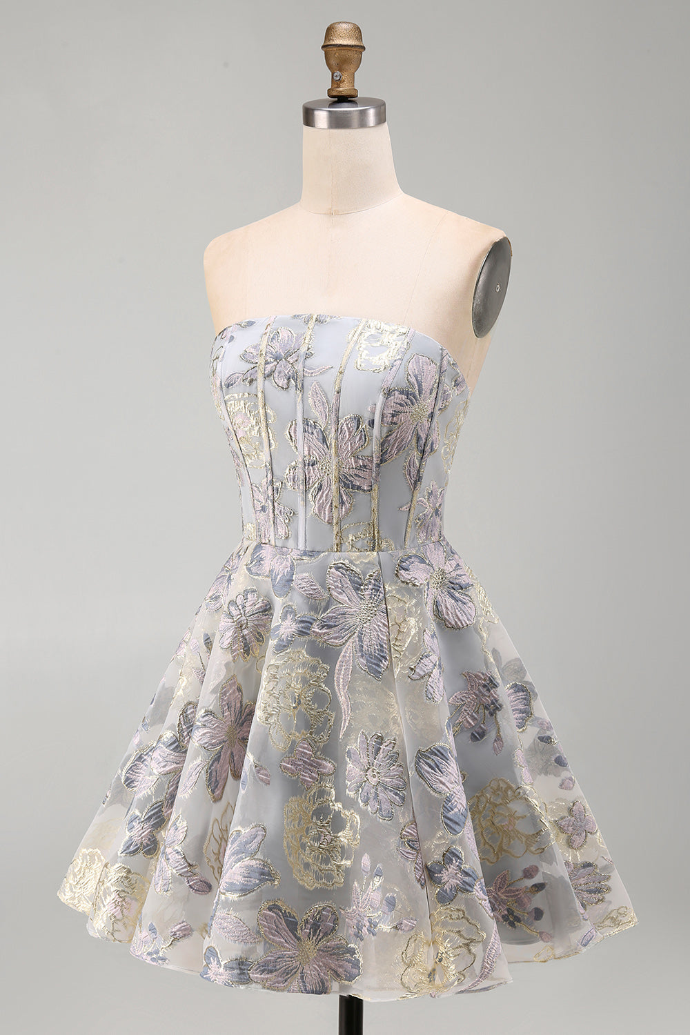 Blue Flower Corset A Line Strapless Short Cocktail Dress