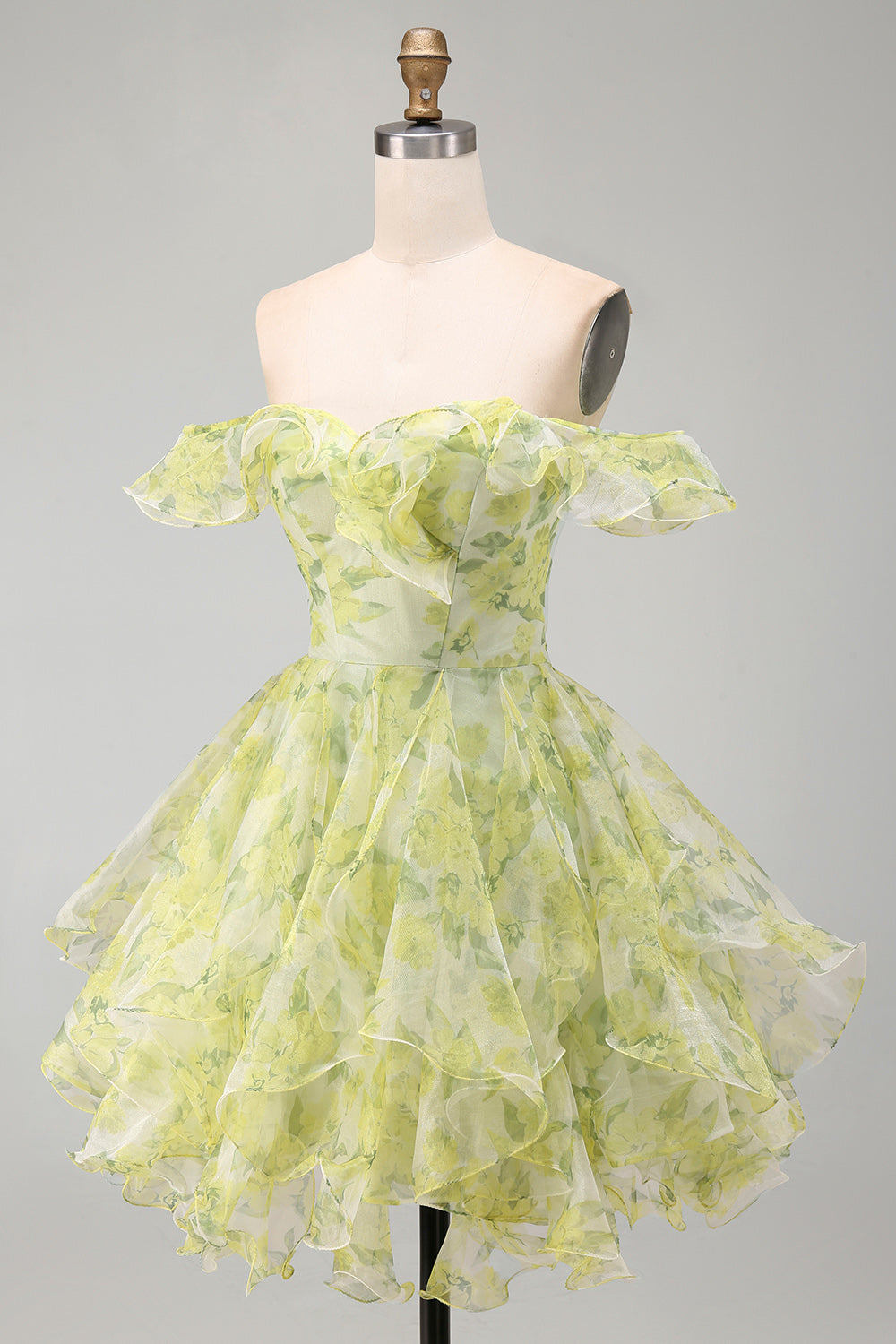 Yellow Green Floral Off the Shoulder Ruffled A Line Short Cocktail Dress