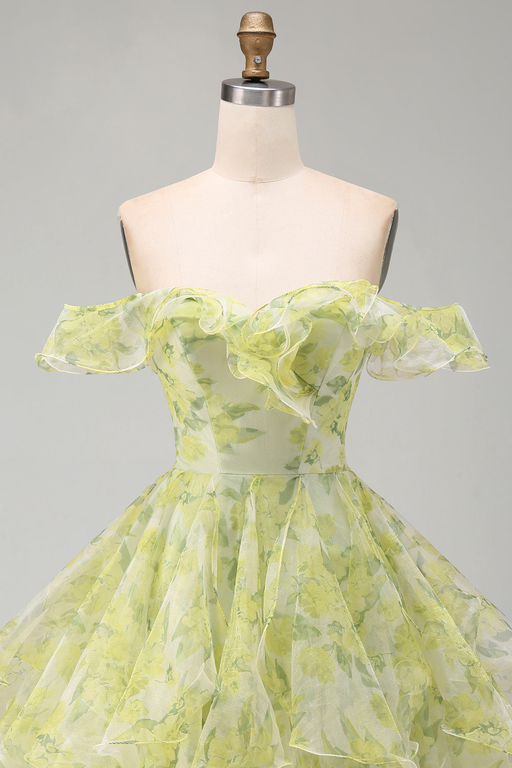 Yellow Green Floral Off the Shoulder Ruffled A Line Short Cocktail Dress