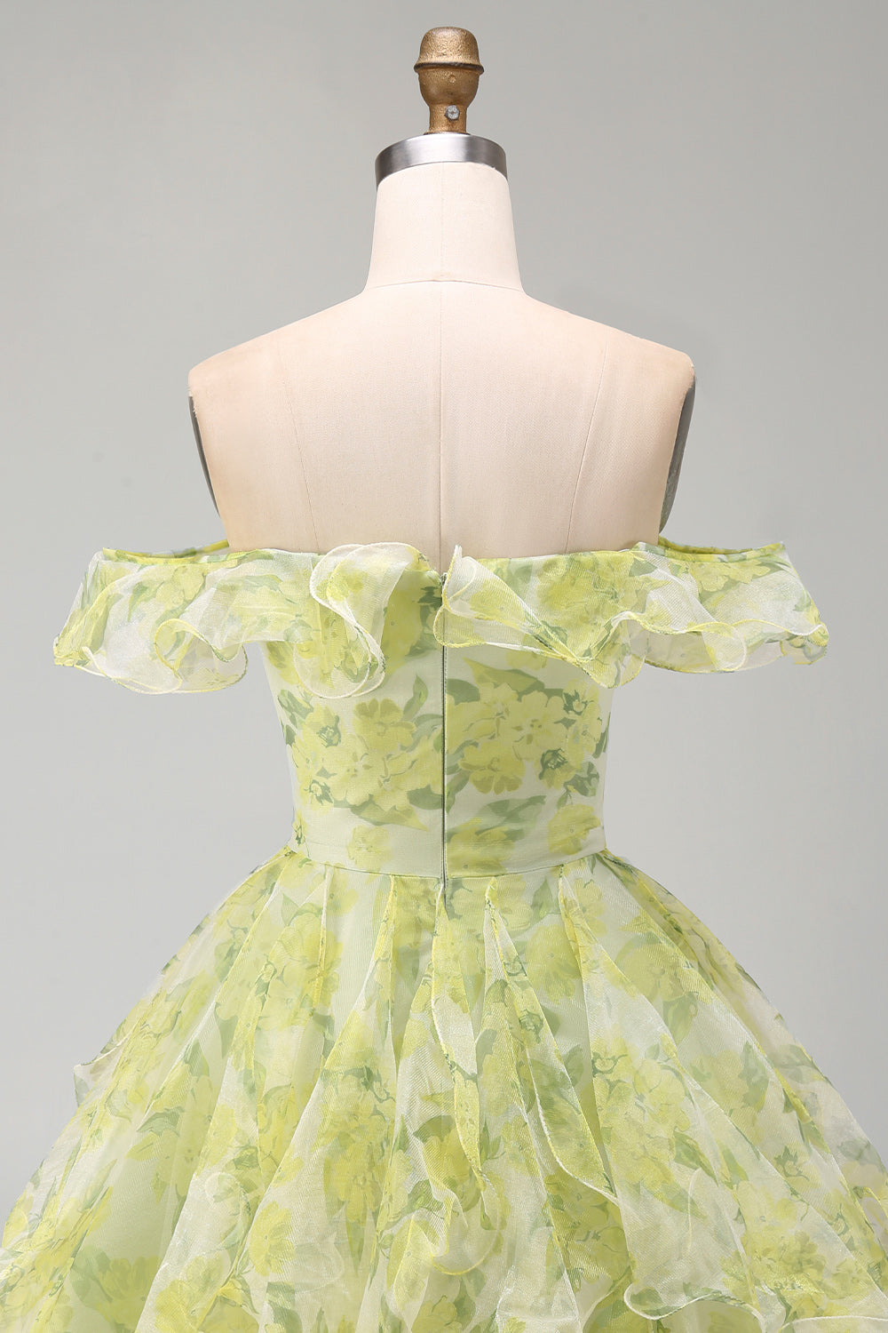 Yellow Green Floral Off the Shoulder Ruffled A Line Short Cocktail Dress