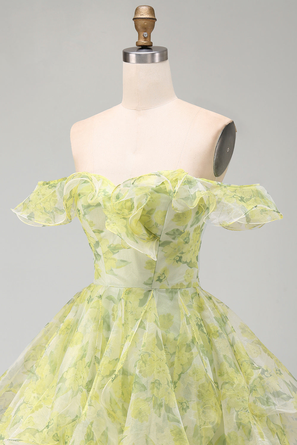 Yellow Green Floral Off the Shoulder Ruffled A Line Short Cocktail Dress