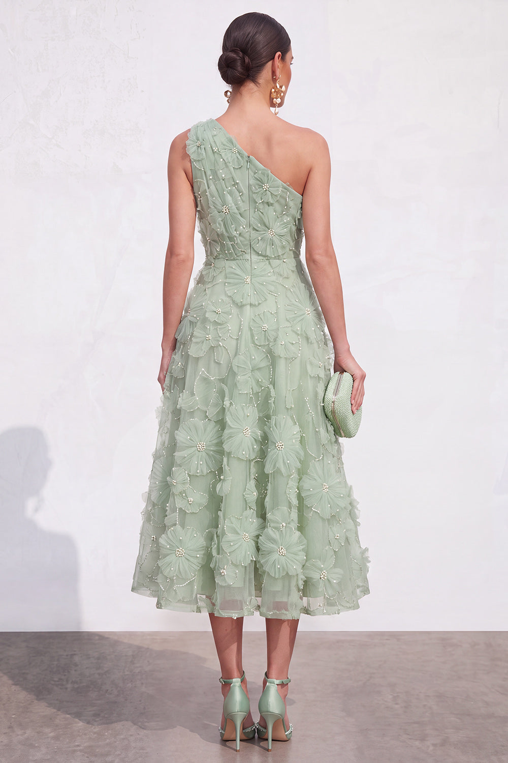 Green Floral One Shoulder A Line Maxi Wedding Guest Dress