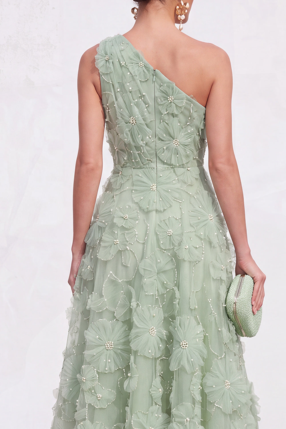 Green Floral One Shoulder A Line Maxi Wedding Guest Dress