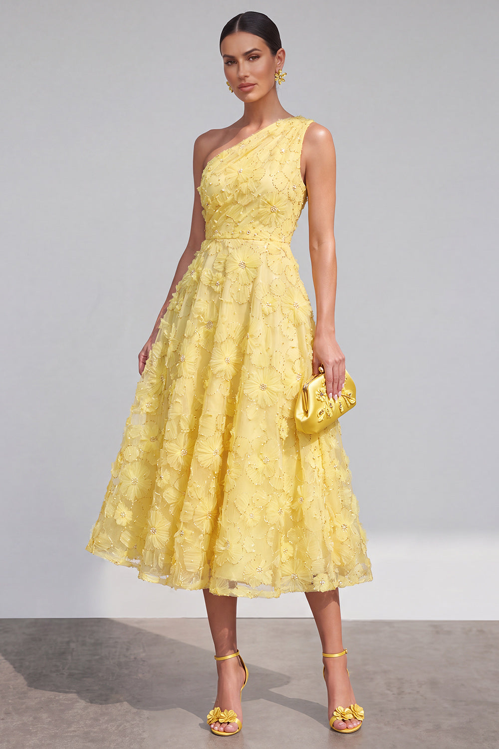 Green Floral One Shoulder A Line Maxi Wedding Guest Dress
