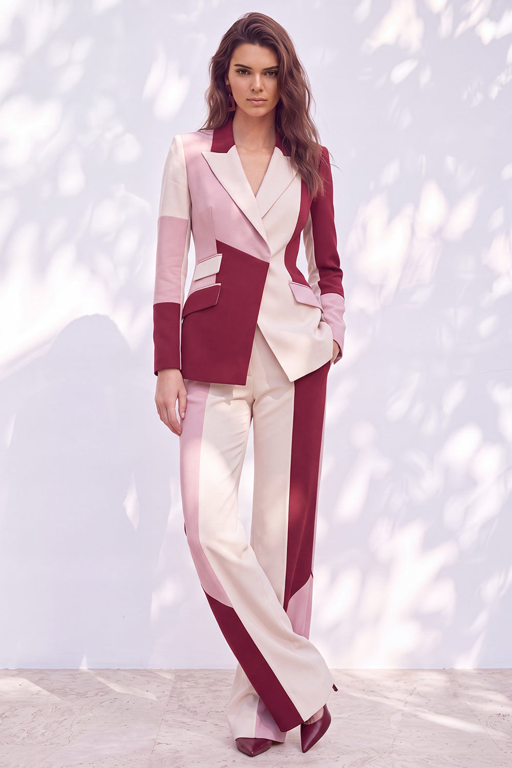 Pink Burgundy 2 Piece Patchwork Peak Lapel Slim Fit Work Suits
