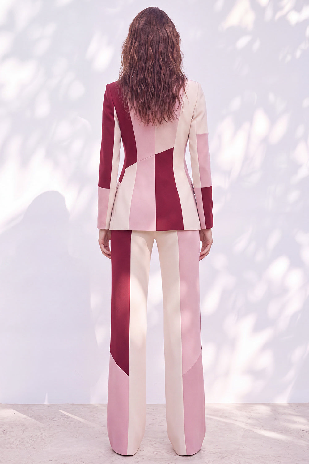 Pink Burgundy 2 Piece Patchwork Peak Lapel Slim Fit Work Suits
