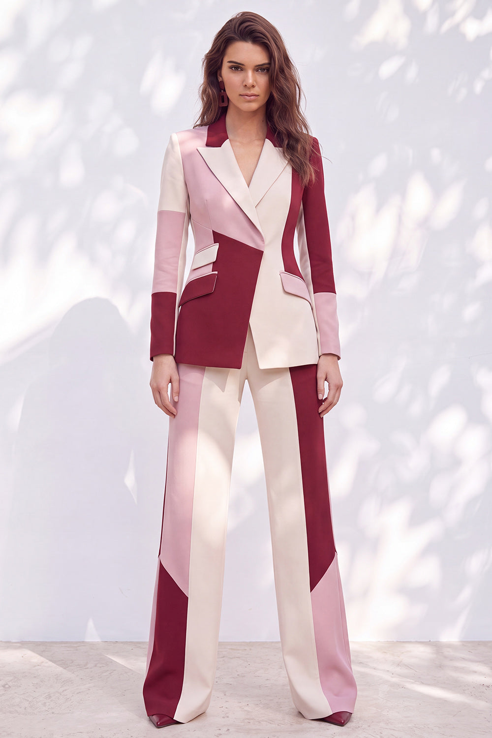 Pink Burgundy 2 Piece Patchwork Peak Lapel Slim Fit Work Suits