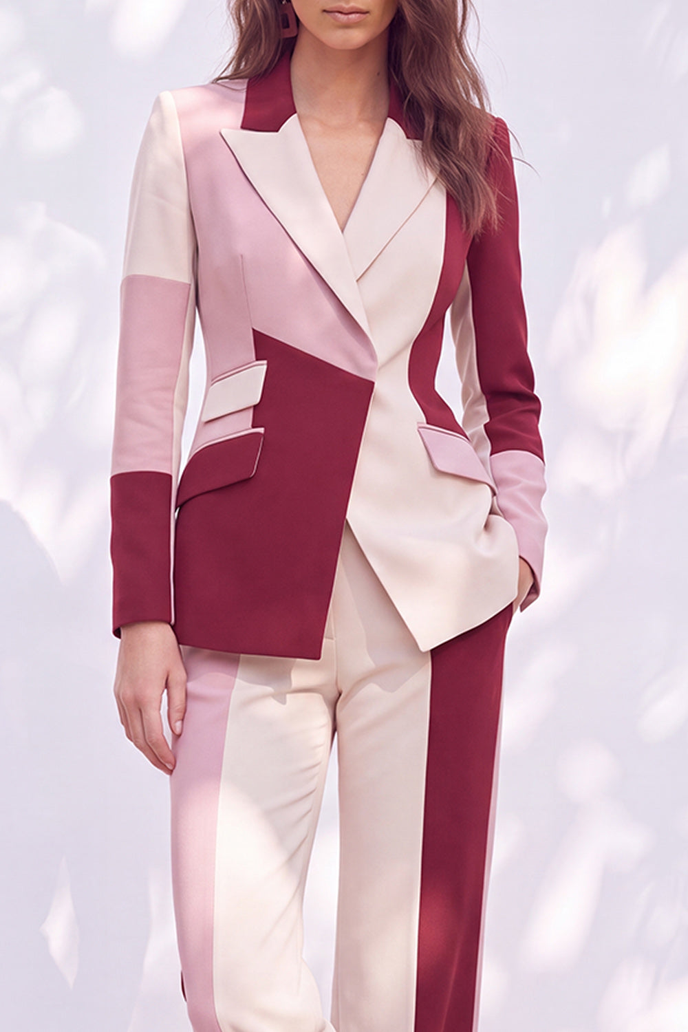 Pink Burgundy 2 Piece Patchwork Peak Lapel Slim Fit Work Suits